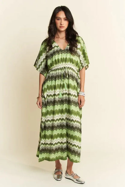 Multi Color Wavy Tie Waist Flowy Sleeve Dress - Sage Multi - product view 5