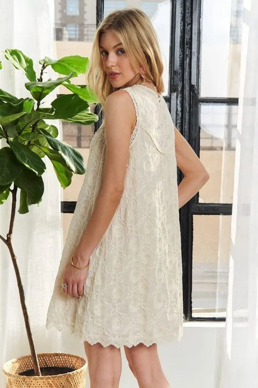 Applique Round Neck Sleeveless Shift Dress in Beige - product view 8