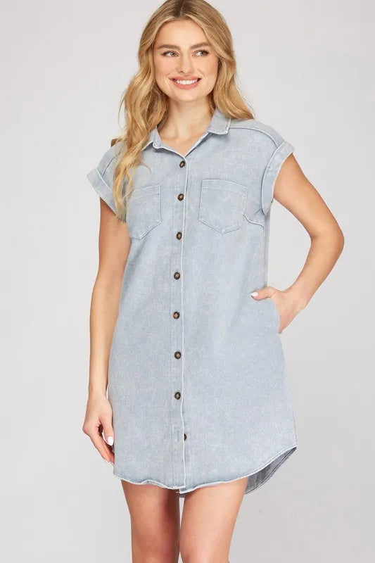 Full Size Folded Cuff Button Down Washed Twill Shirt Dress Plus Size - Blue Grey - product view 1