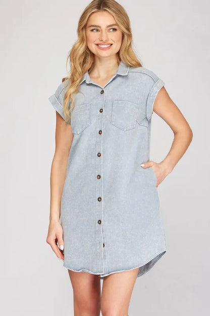Full Size Folded Cuff Button Down Washed Twill Shirt Dress Plus Size - Blue Grey - product view 1