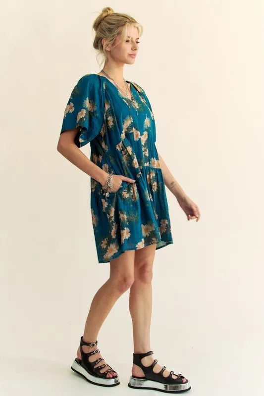 Floral Print Short Bell Sleeve Pleated Mini Dress in Teal Blue - product view 9