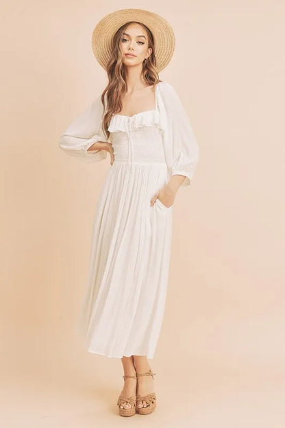 Ruffled Smocked Square Neck Balloon Sleeve Dress in White - product view 2
