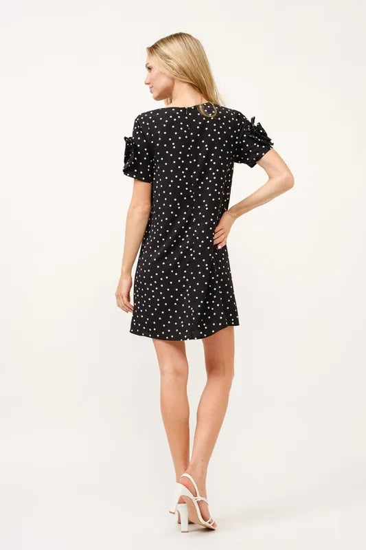 Embellished Sleeve Polka Dots Shift Dress in Black - product view 10