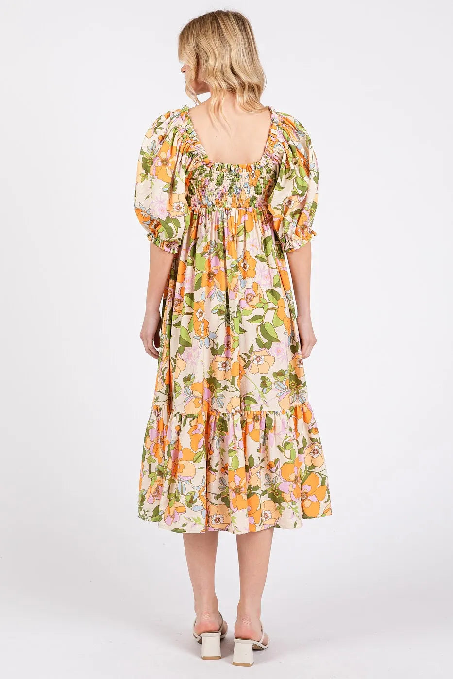 Flower Print Puff Sleeve Ruffle Smocked Midi Dress - Orange - product view 5