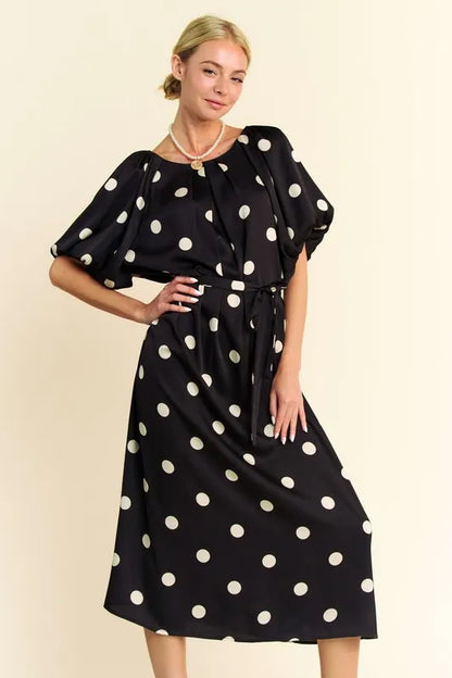 Polka Dot Puff Sleeves Waist Tie Midi Dress in Black - product view 1
