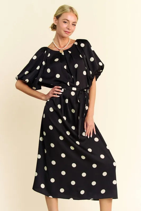 Polka Dot Puff Sleeves Waist Tie Midi Dress in Black - product view 1