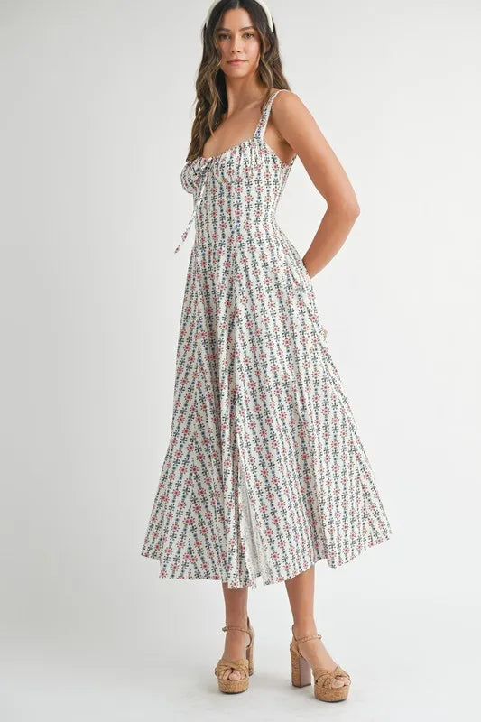 Floral Print Bustier Back Lace Up Midi Dress - Cream - product view 11
