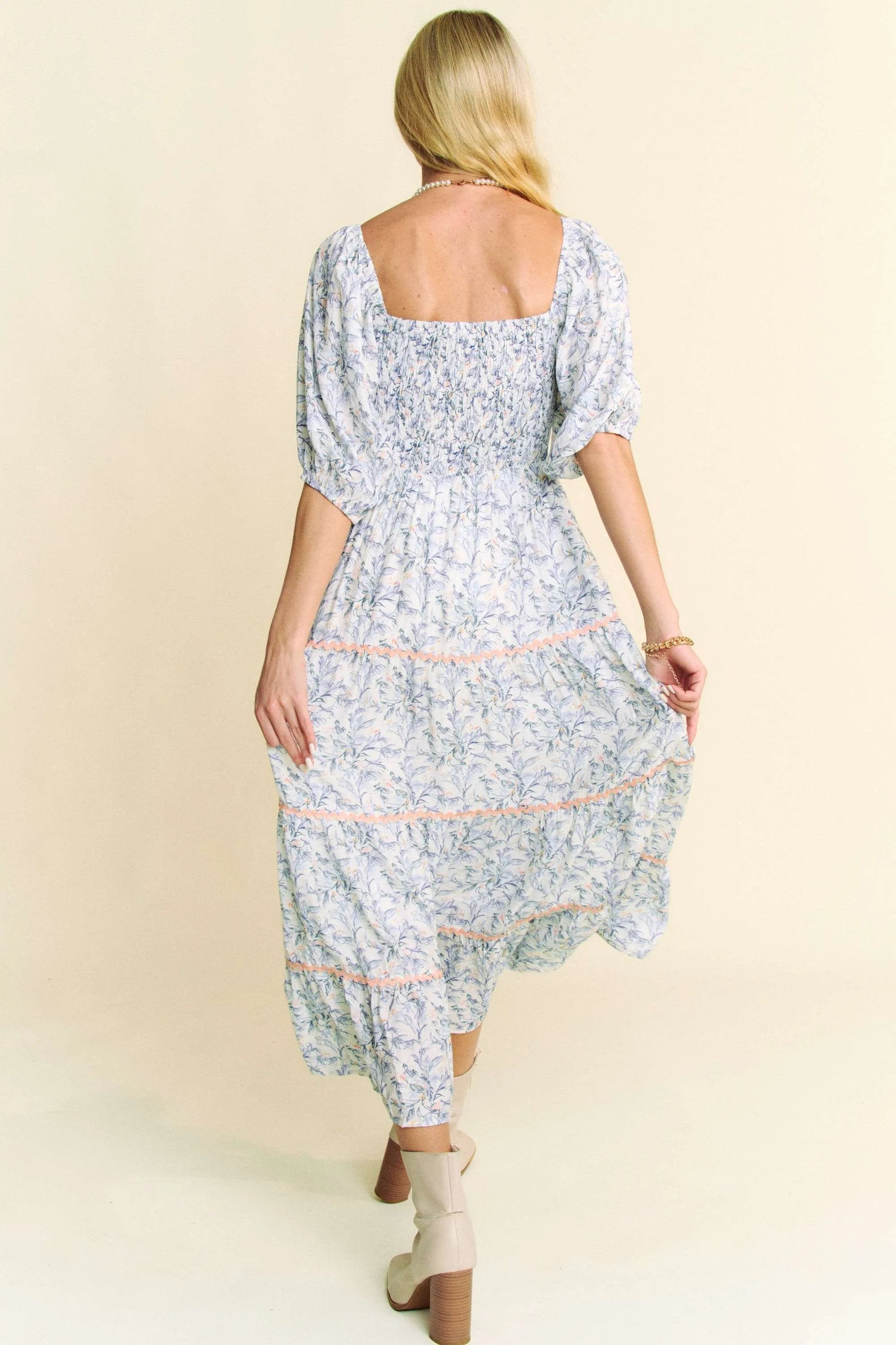 Contrast Ric Smocking Bodice Tiered Midi Dress in Blue - product view 5