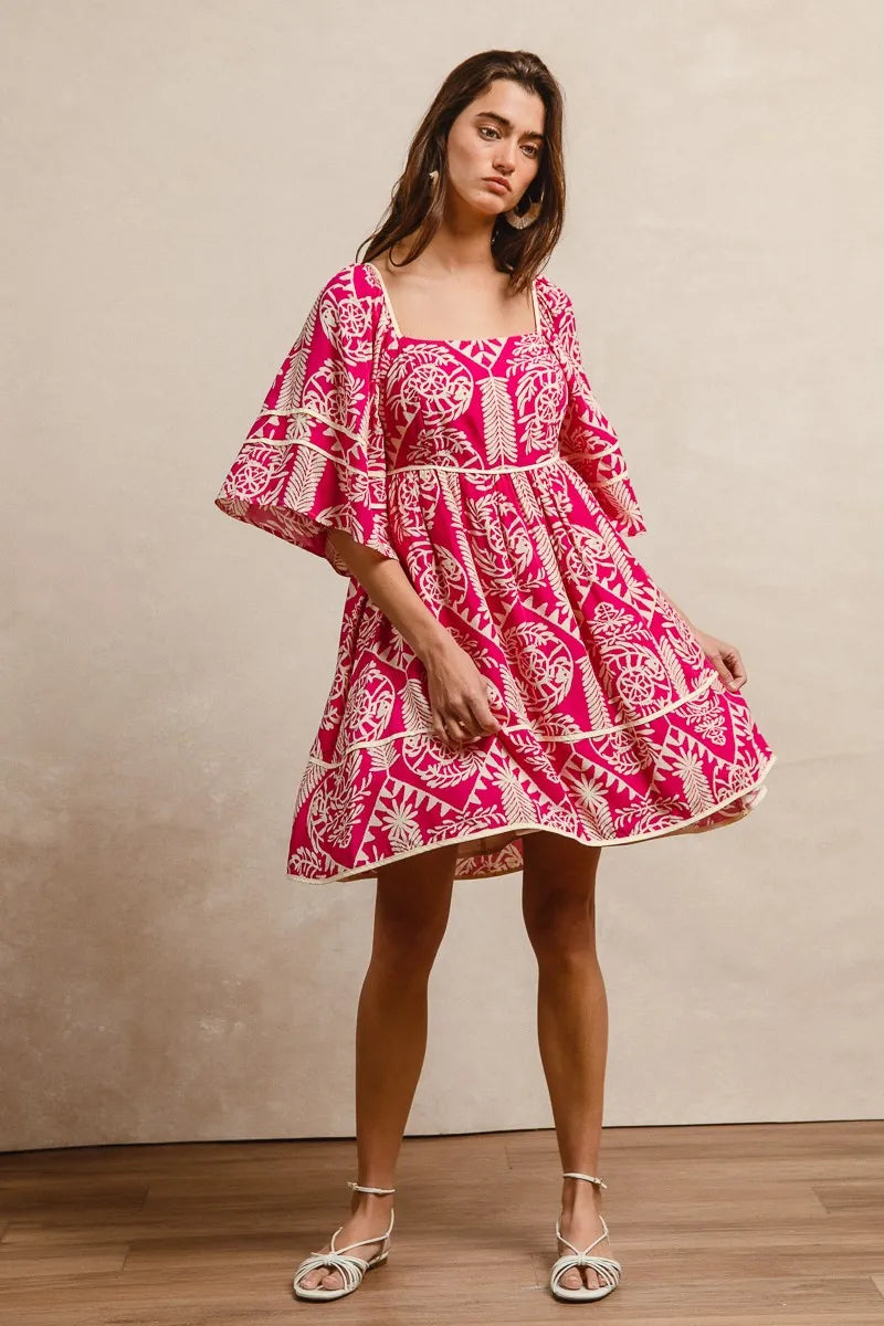 Aztec Woven Printed Contrast Binding Dress in Fuchsia - product view 8