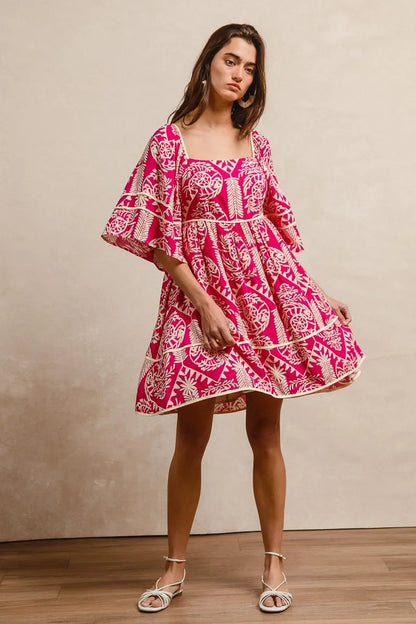Aztec Woven Printed Contrast Binding Dress in Fuchsia - product view 8