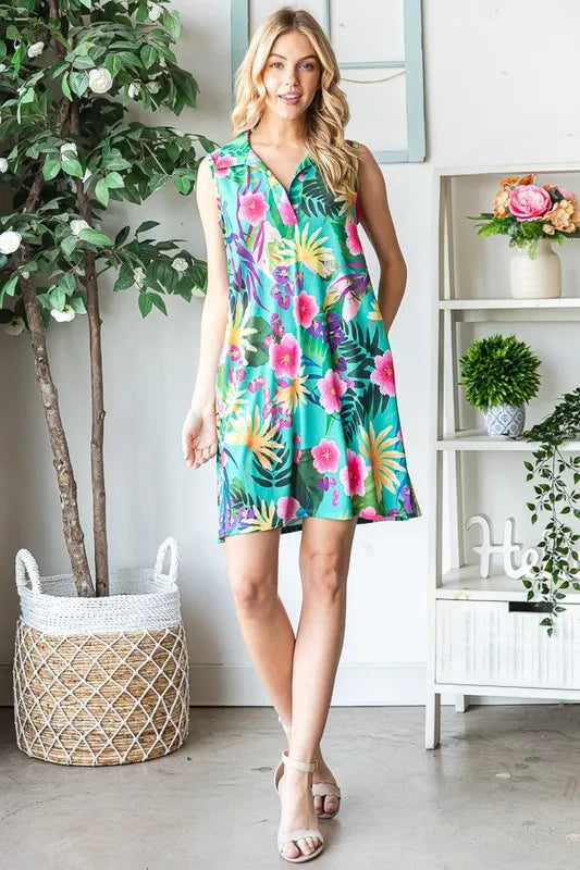 Full Size Floral Johnny Collar Sleeveless Dress Plus Size in Green - product view 4