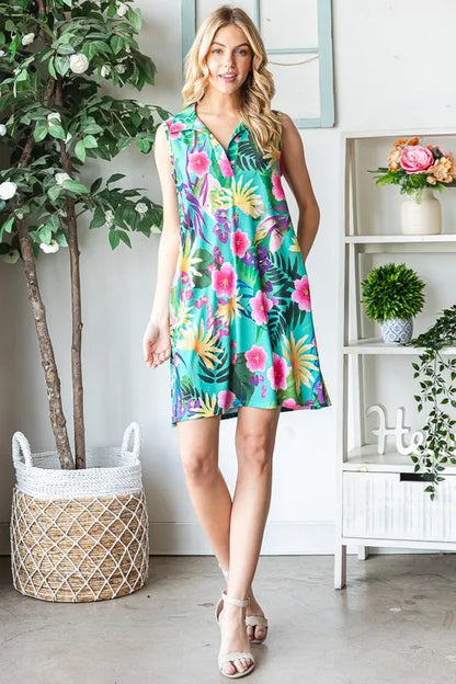 Full Size Floral Johnny Collar Sleeveless Dress Plus Size in Green - product view 4