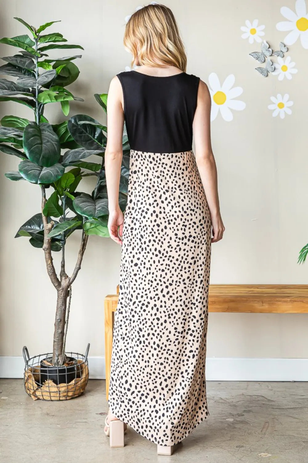 Full Size Slit Animal Print V-Neck Wide Strap Dress in Khaki/Black - product view 8