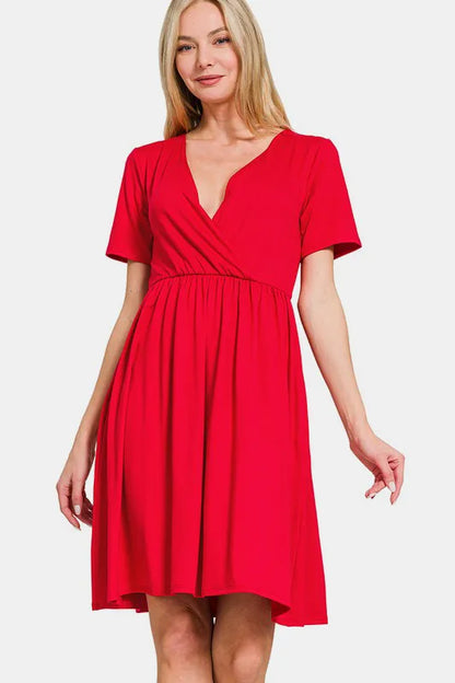 Surplice Short Sleeve Brushed DTY Dress - Red - product view 1