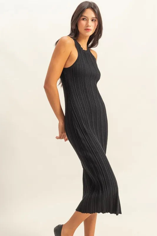 Round Neck Bodycon Ribbed Knit Dress - Black - product view 3