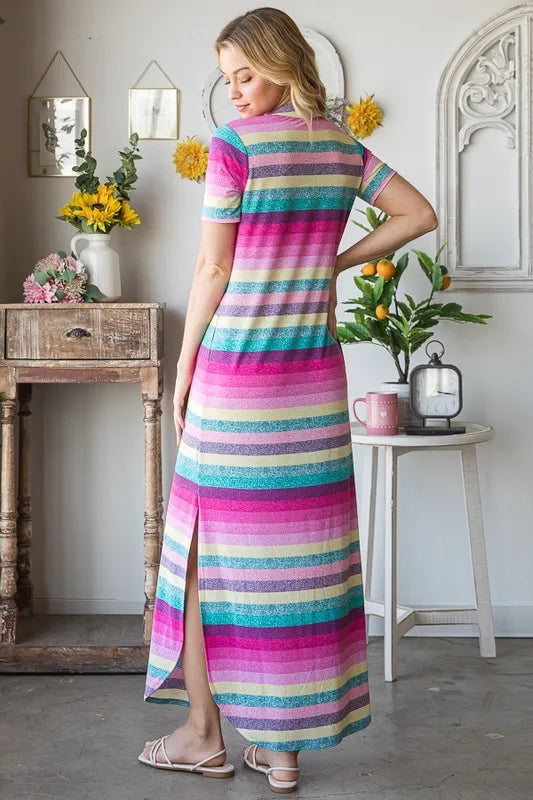Full Size Striped Short Sleeve Maxi Tee Dress Plus Size in Pink Multi - product view 12