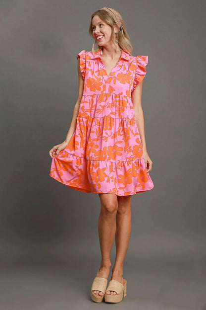 Full Size Floral Print Ruffle Cap Sleeve Tiered Dress Plus Size in Pink/Orange - product view 4