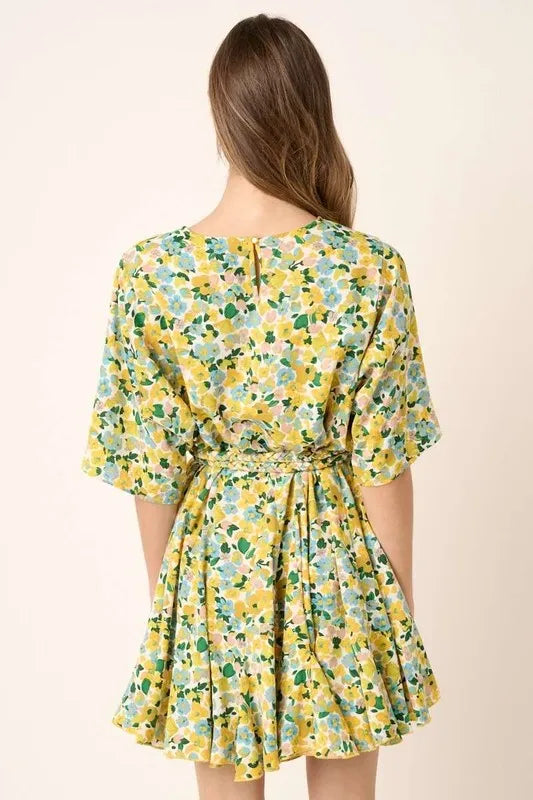 Floral Tie Waist Half Sleeve Mini Dress in Yellow Combo - product view 2