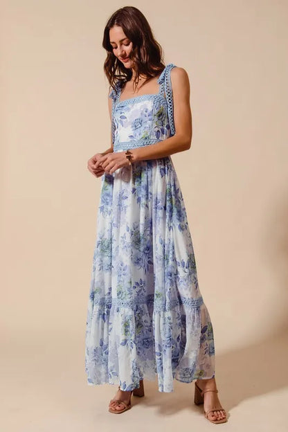 Floral Print Flowy Maxi Dress with Lace Ribbon Tie in Off White/Blue - product view 7