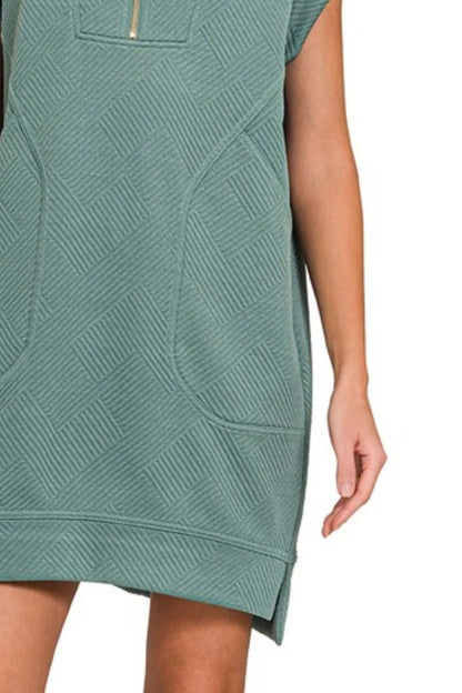 Textured Knit Jacquard Quarter Zipper Mini Dress - Ash Jade - product view 3
