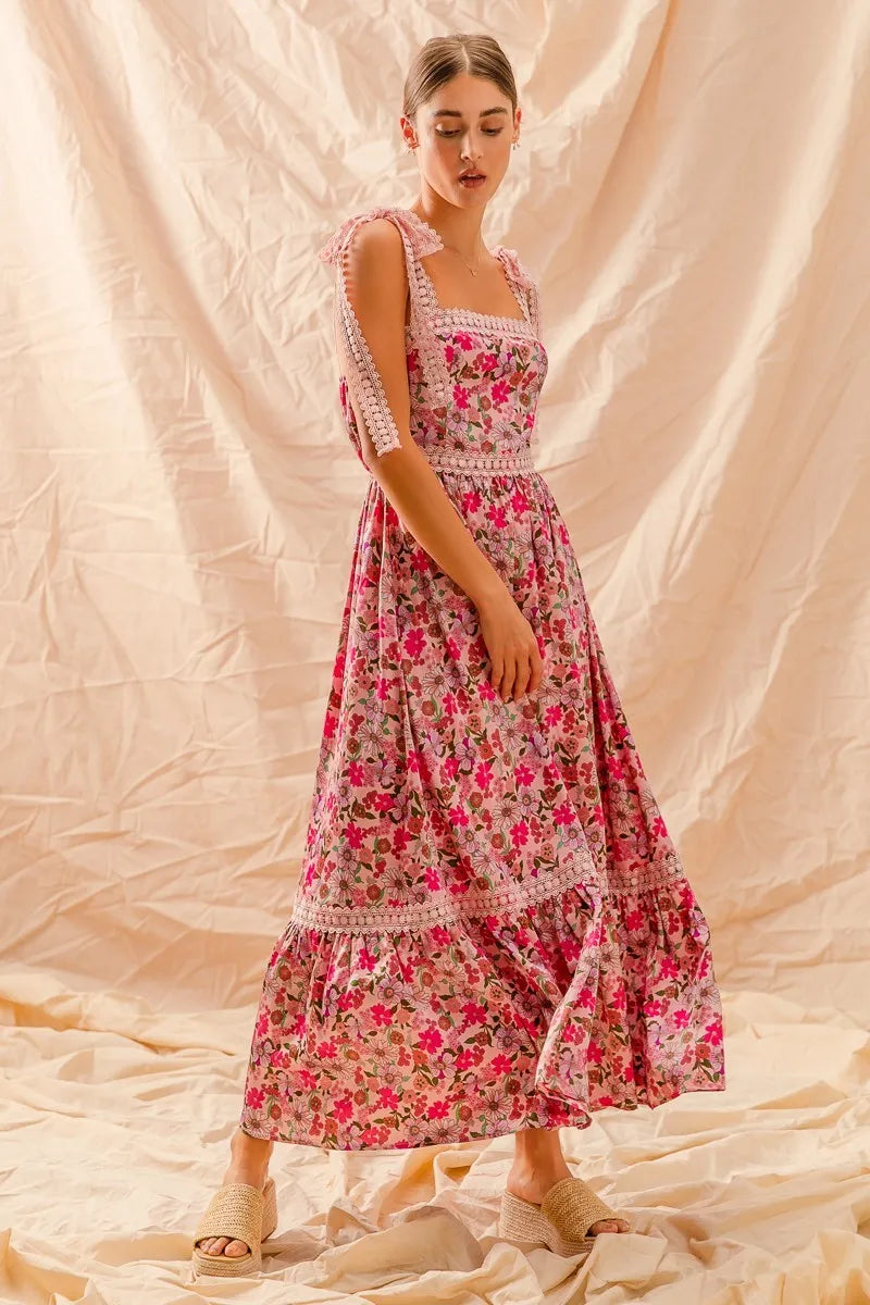 Floral Maxi Dress With Ribbon Tie Lace Strap in Pink Combo - product view 4