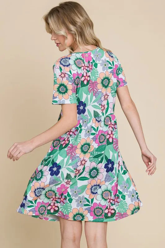 Ruched Floral V-Neck Short Sleeve Dress in Gum Leaf - product view 4