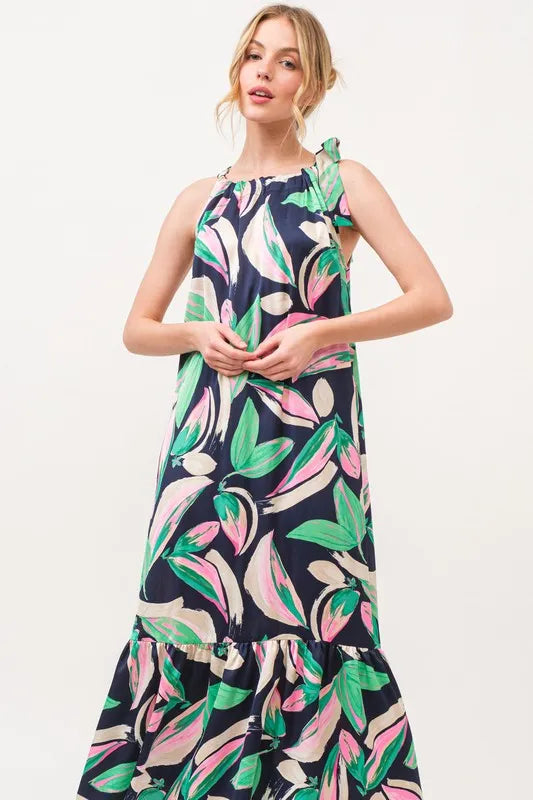 Botanical Printed Halterneck Tiered Maxi Dress in Navy - product view 5