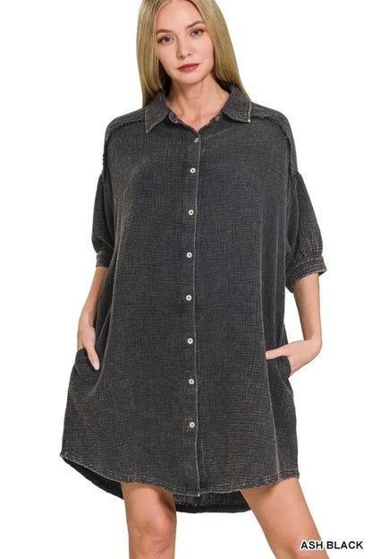 Washed Double Gauze Button Down Shirt Dress - Ash Black - product view 4