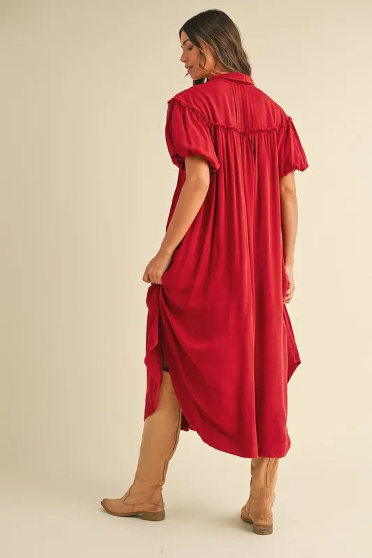 Mineral Washed Button Down Puff Sleeve Shirt Dress - Deep Red - product view 3