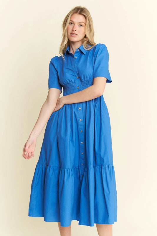 Short Sleeve Button Down Midi Dress in Blue - product view 2