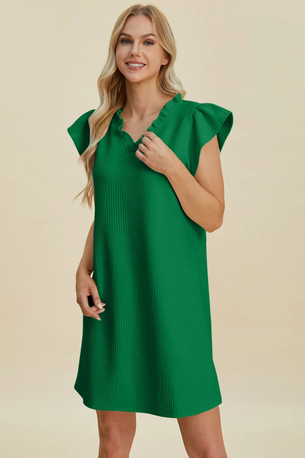 Full Size Ruffled V-Neck Cap Sleeve Dress in Dark Green, Black and more - product view 1