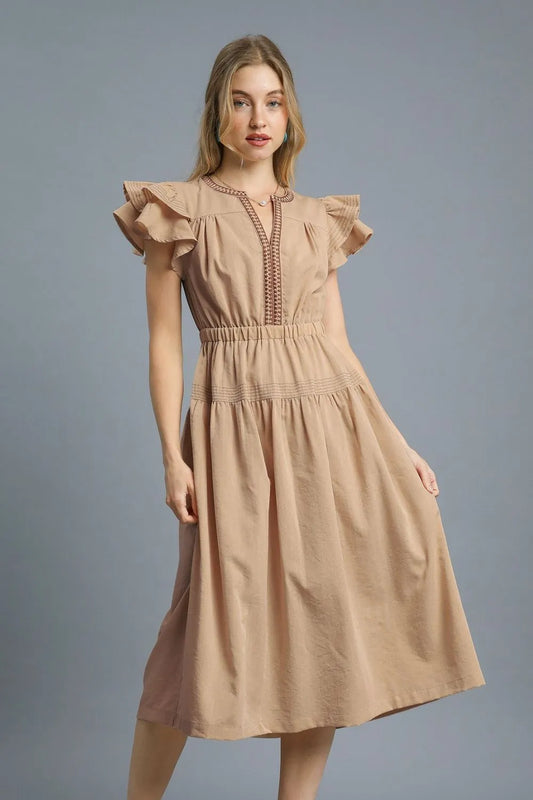 Ruffled Cap Sleeve Midi Dress with Contrast Trim Detail in Tan - product view 1