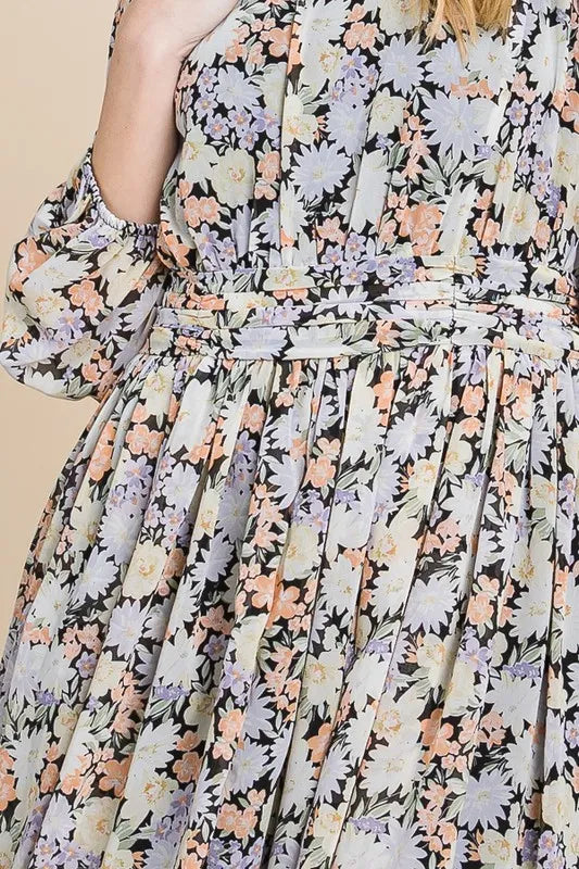 Chiffon Floral Print Belted Dress with Back Zipper - Black Floral - product view 5