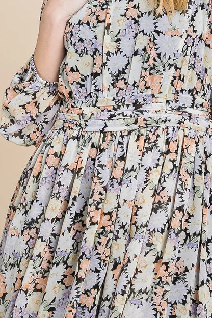 Chiffon Floral Print Belted Dress with Back Zipper - Black Floral - product view 5