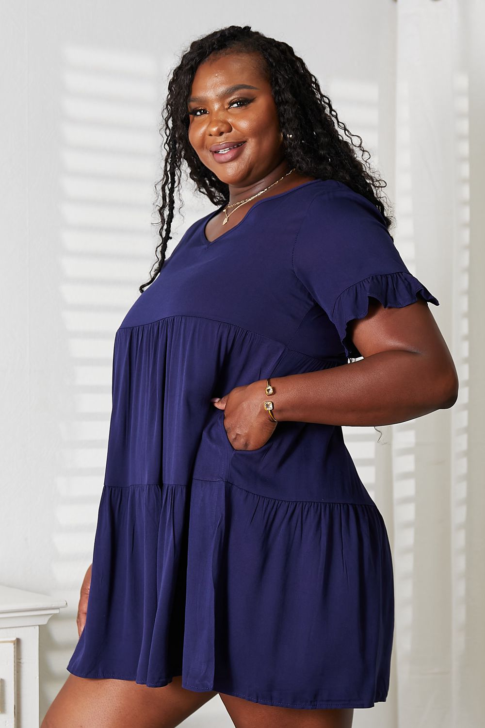 V-Neck Flounce Sleeve Tiered Dress in Dark Blue and Black - product view 4