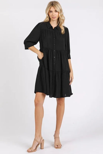 Button Detail Collared Neck Tiered Shirt Dress - Black - product view 4