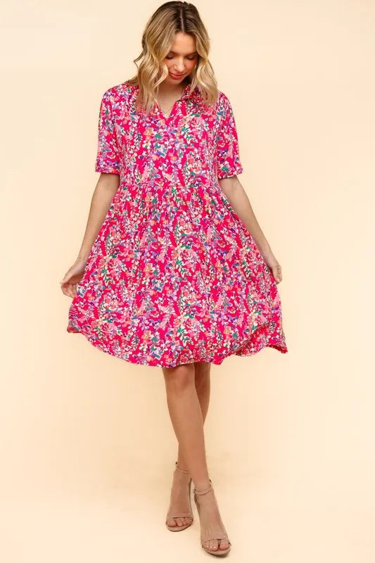 Johnny Collar Babydoll Dress with Side Pockets - Fuchsia - product view 6