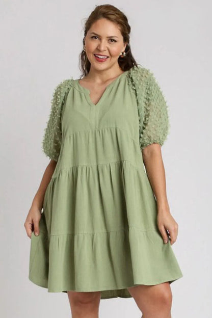 Full Size Linen Tiered A-Line Split Neck Dress Plus Size in Sage - product view 3