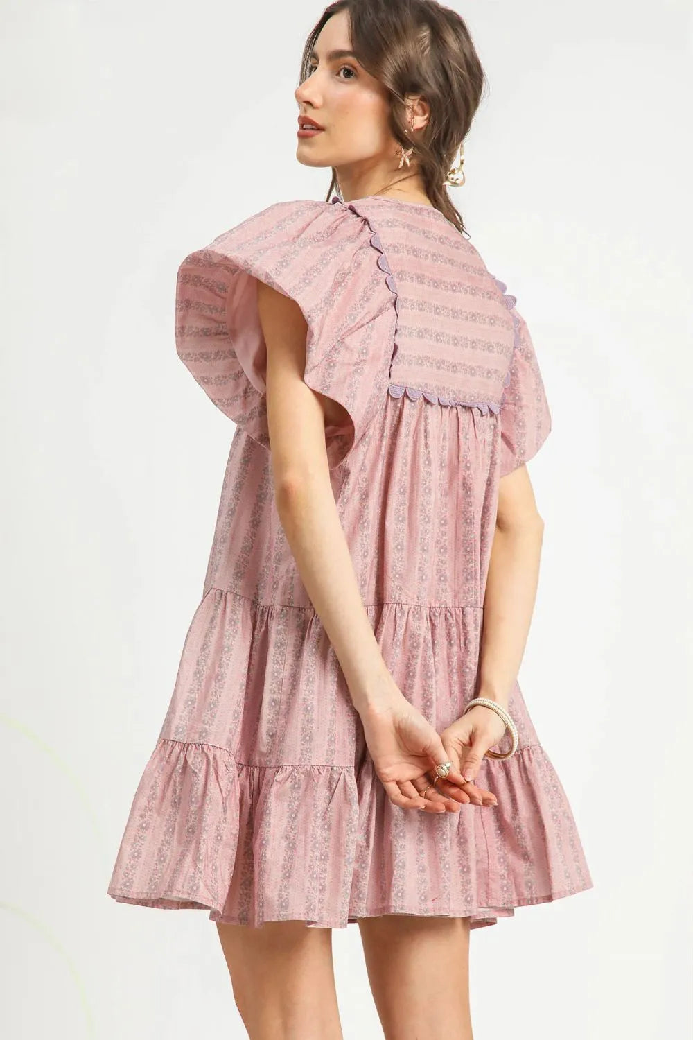 Floral Ruffled Cap Sleeve Tiered Mini Dress - Dusty Pink - product view 3