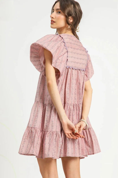 Floral Ruffled Cap Sleeve Tiered Mini Dress - Dusty Pink - product view 3
