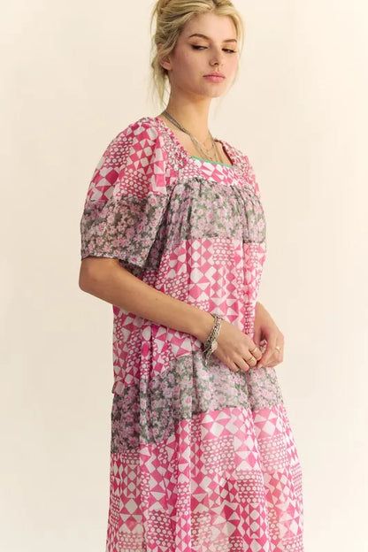 Multi Floral Square Neck Puff Sleeve Maxi Dress in Indian Pink - product view 5