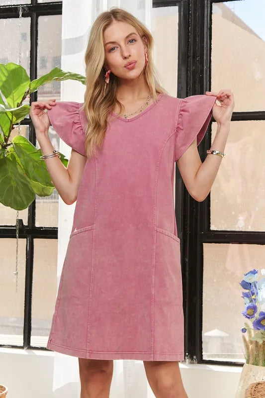 Mineral Washed V-Neck Ruffled Cap Sleeve Dress in Mauve - product view 1