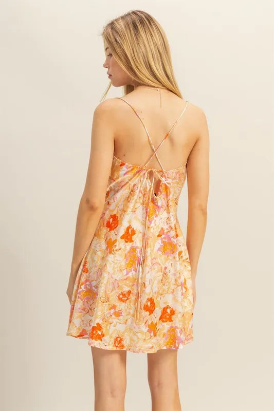 Floral Cowl Neck Flirty Satin Mini Dress - Orange - product view 3