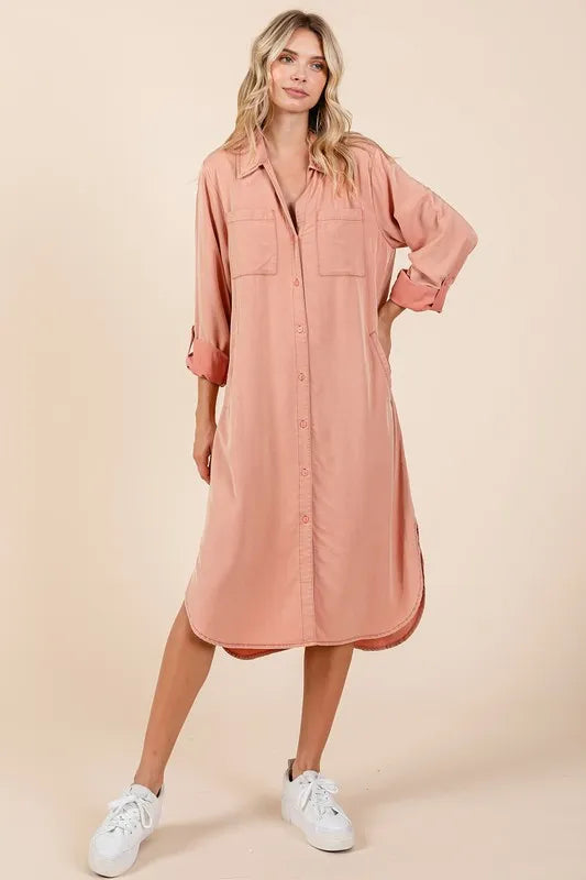 Button Down Long Sleeve Shirt Dress in Burnt Coral - product view 1