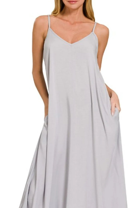 Woven Arc Hem Cami Dress With Flowy Pockets - Lt Grey - product view 2