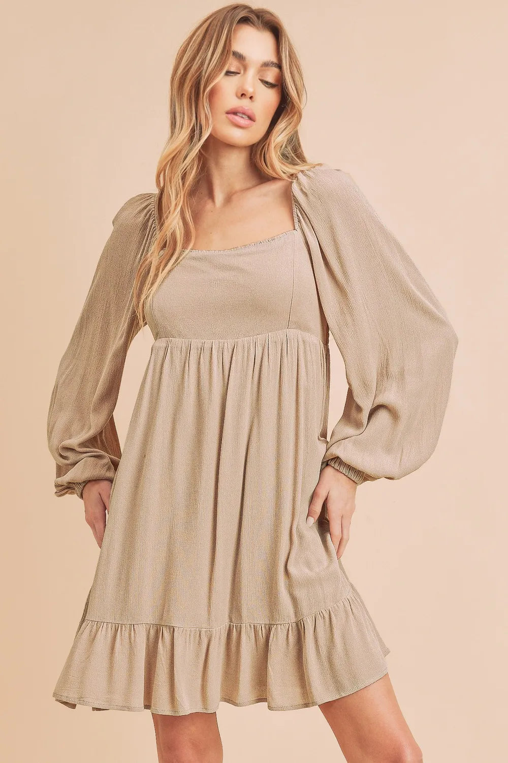 Ruffled Hem Square Neck Balloon Sleeve Mini Dress - Dust Storm - product view 1