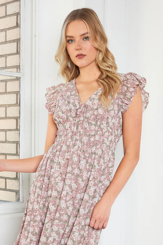 Flower Print Ruffle Cap Sleeve V-neck Midi Dress - Mauve - product view 2