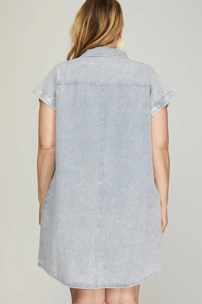 Full Size Folded Cuff Button Down Washed Twill Shirt Dress Plus Size - Blue Grey - product view 3