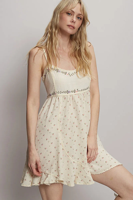 Ruffled Hem Floral Print Cami Mini Dress in Cream - product view 1