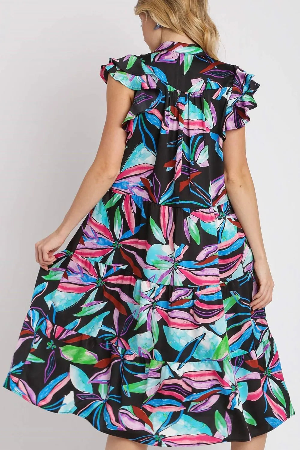 Full Size Leaf Print Double Layered Ruffle Sleeve Tiered Midi Dress Plus Size - Blackmix - product view 4